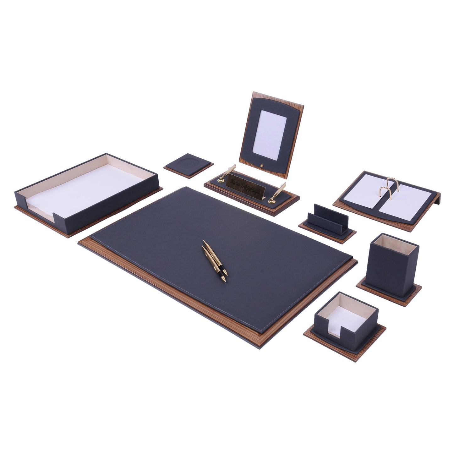 MOOG Star Leather Desk Set -Walnut Wood Combination - Black -11 PCS