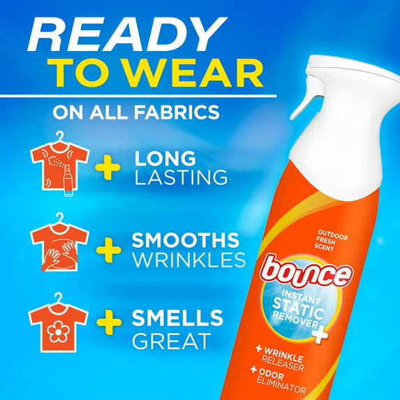 Bounce Rapid Touch-Up 3 in 1 Static Remover, Wrinkle Releaser, Fabric Refreshing Odor Eliminator, Fresh Scent, 9.7 oz