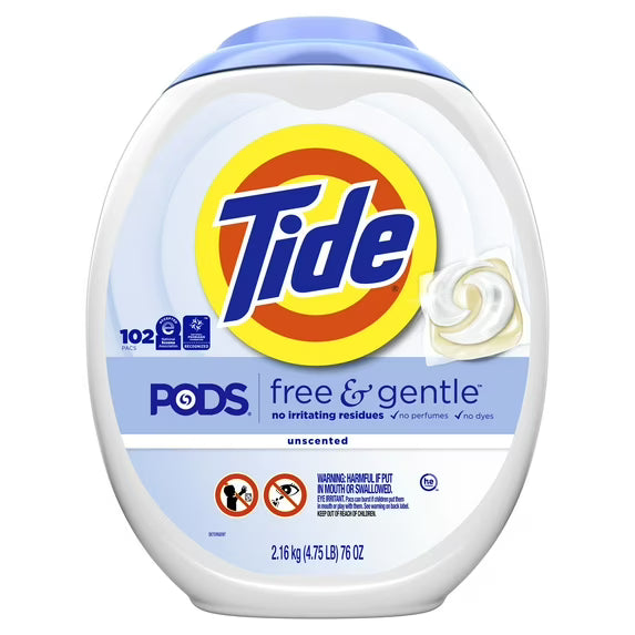 Tide PODS Laundry Detergent Soap Pacs, Free and Gentle, Hypoallergenic, Unscented, 102 Count
