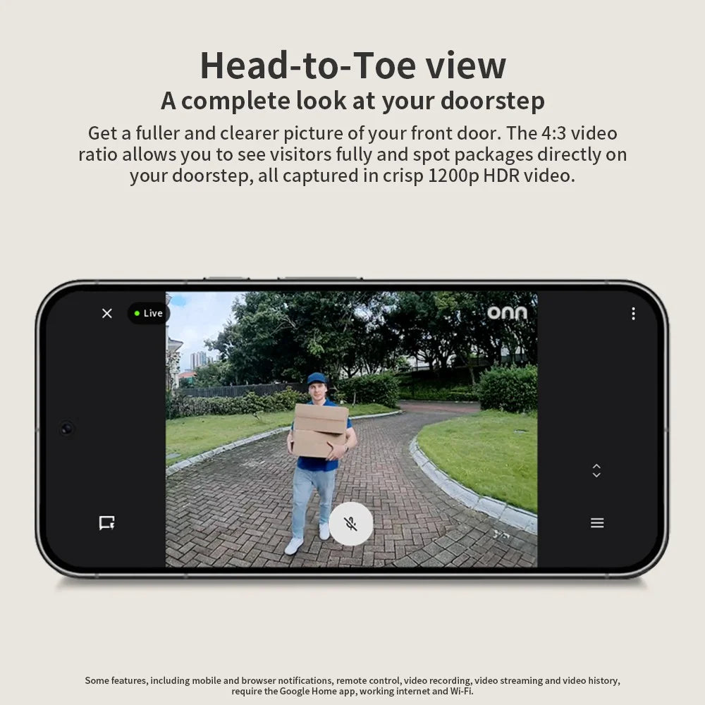 ONN Wired Video Doorbell, Head-to-Toe View, Intelligent Alerts with Google Home