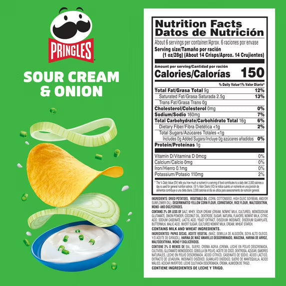 Pringles Sour Cream and Onion Potato Crisps Chips, Lunch Snacks, 5.5 oz Canister