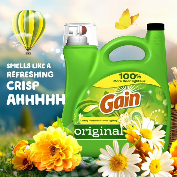 Gain Laundry Detergent Liquid with Odor Fighters, Original Scent, 154 fl oz, 107 Loads