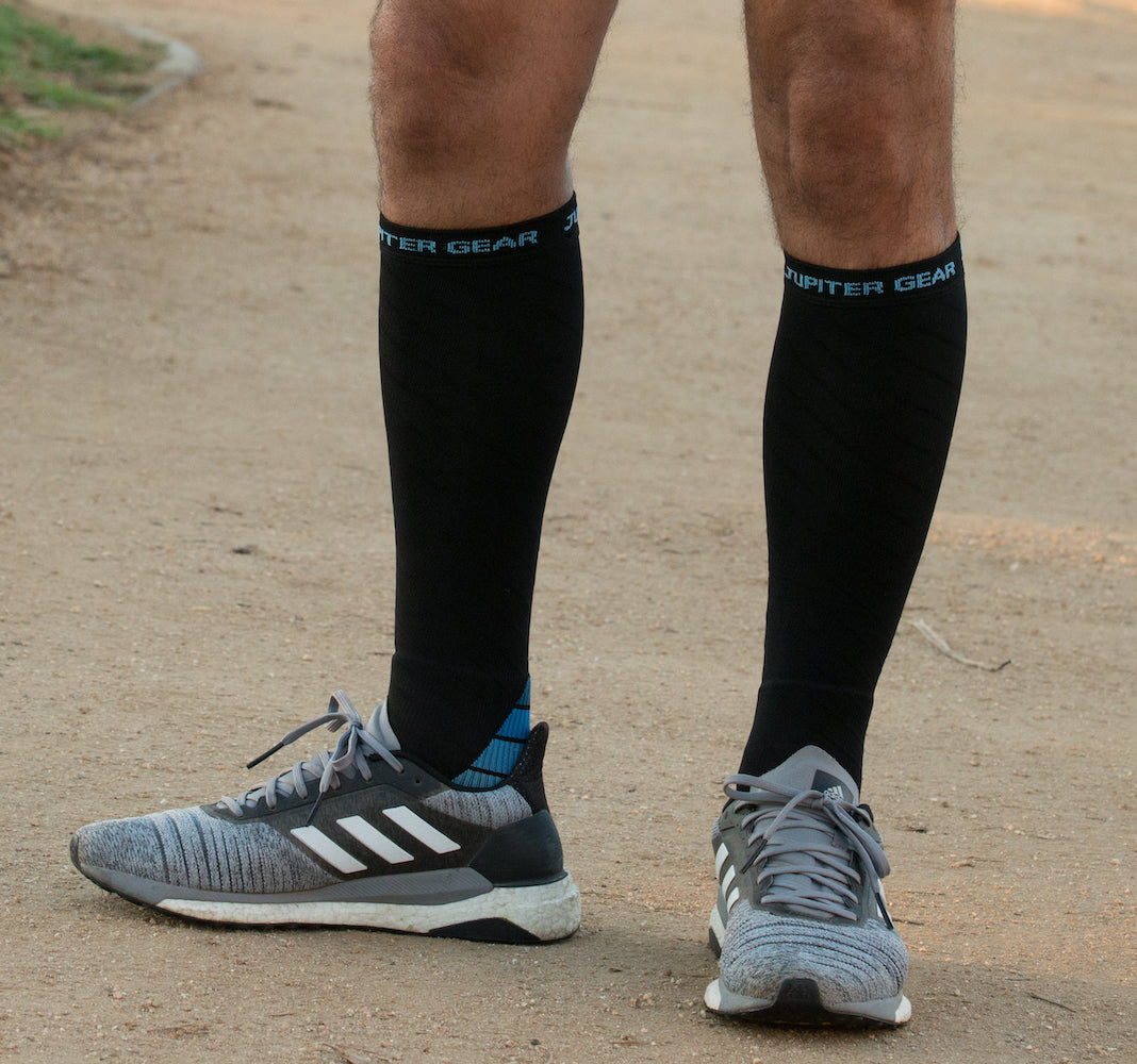 JupiterGear Endurance Compression Socks for Running and Hiking - Black with Blue Accent - Large/Extra Large