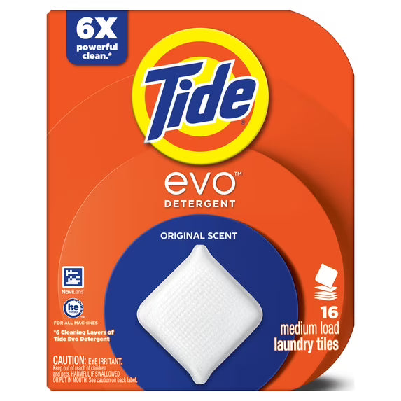 Tide Evo Laundry Detergent Tiles, 100% Concentrated, 6X Cleaning Power, Original Tide Scent, 16 Count