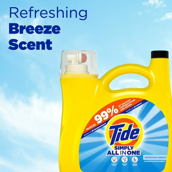Tide Simply Laundry Detergent Liquid All-In-One, Refreshing Breeze Scent, 117 fl oz, 89 Loads