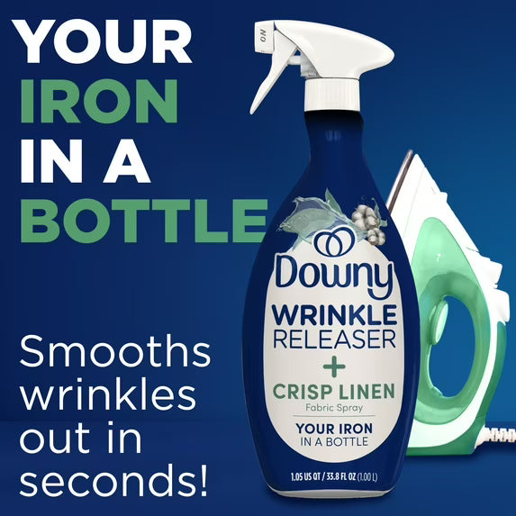 Downy Wrinkle Releaser Spray, Fabric Refreshing and Odor Eliminating, Crisp Linen, Fresh Scent, 33.8 fl oz