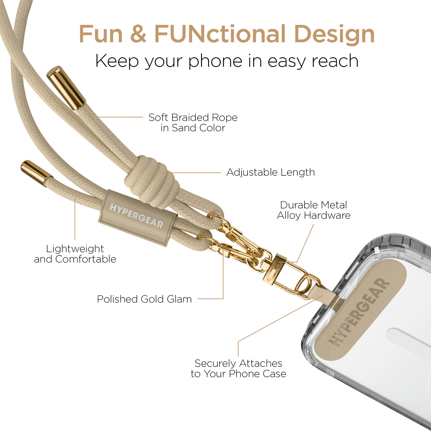 HyperGear TECHcessories Sand Braided Rope Universal Crossbody Phone Strap