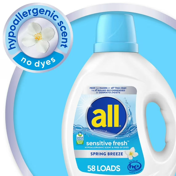 all Sensitive Fresh Liquid Laundry Detergent, Spring Breeze, 73 oz, 58 Loads