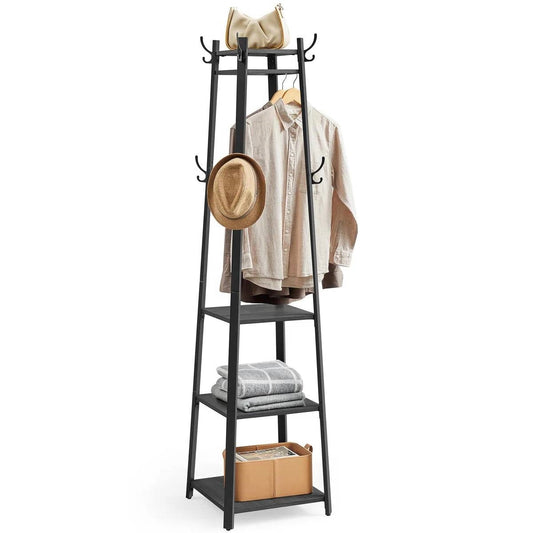 Modern Farmhouse Black Metal Coat Rack Entryway Hall Tree with Grey Wood Shelves