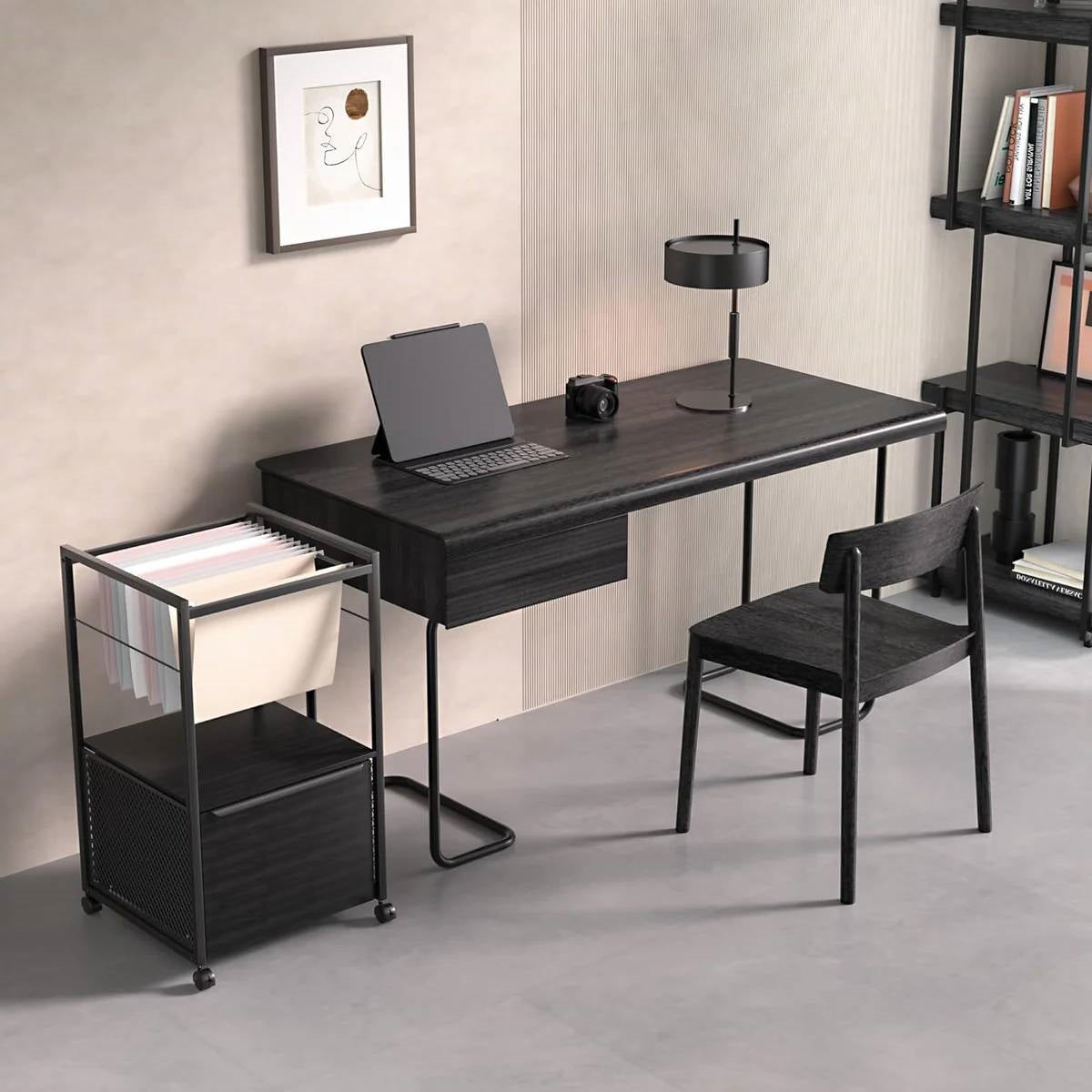 Black Metal Wood Rolling File Cabinet with Open File Hanging Bar