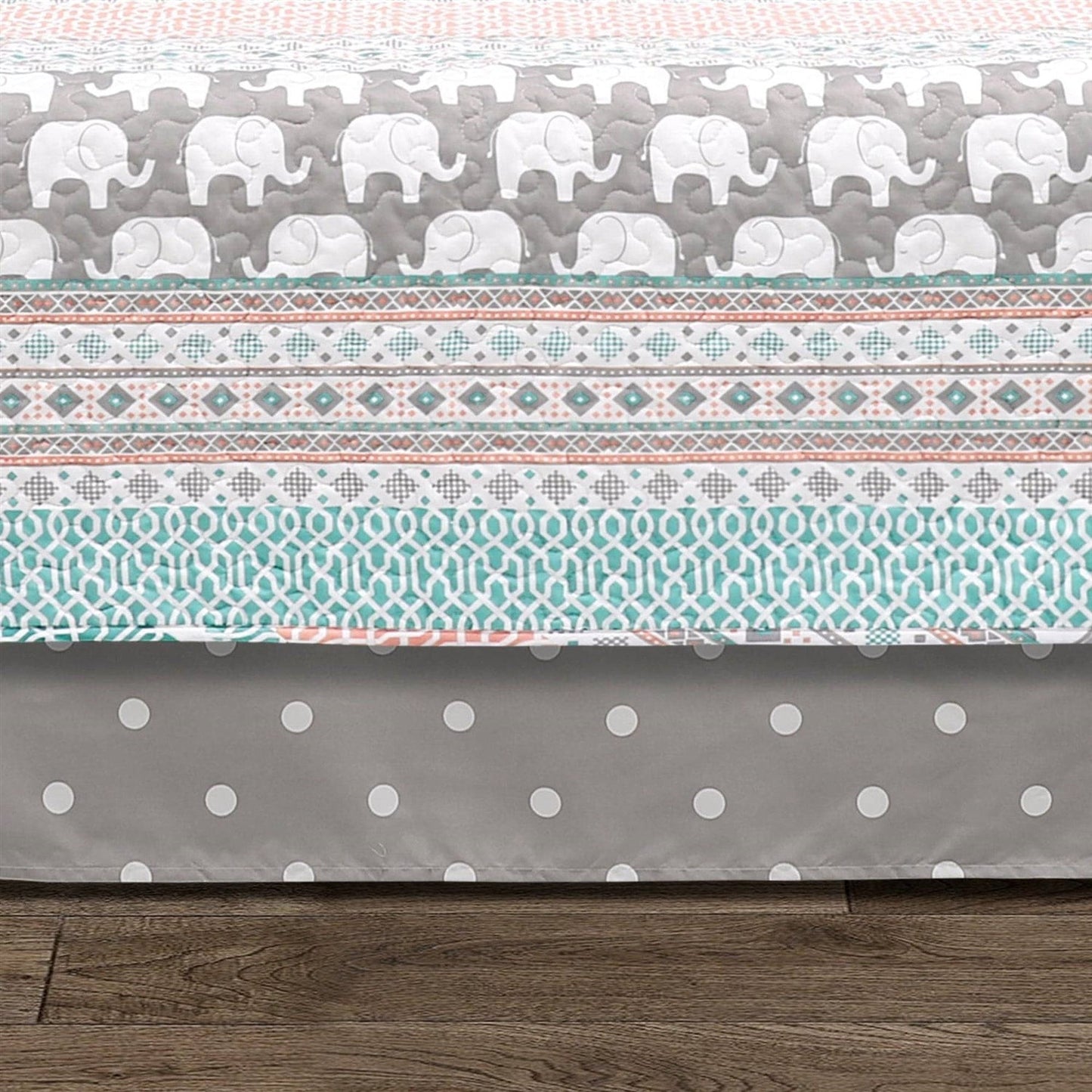 Turquoise Pink Grey Lightweight 6 Piece Elephant Pattern Daybed Cover Quilt Set