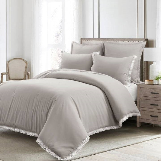 Full/Queen French Country Grey 5-Piece Lightweight Comforter Set w/ Lace Trim