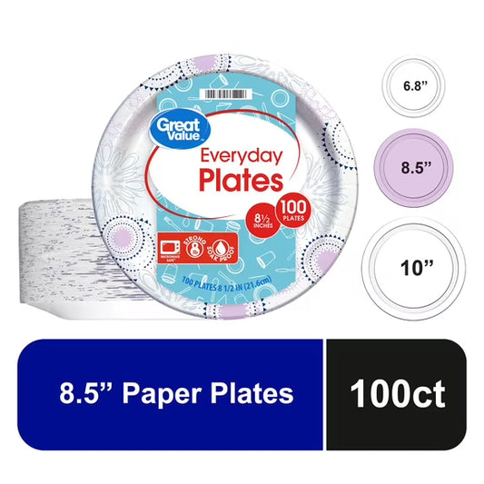 Great Value Disposable Paper Plates, 8.5", 100 Count