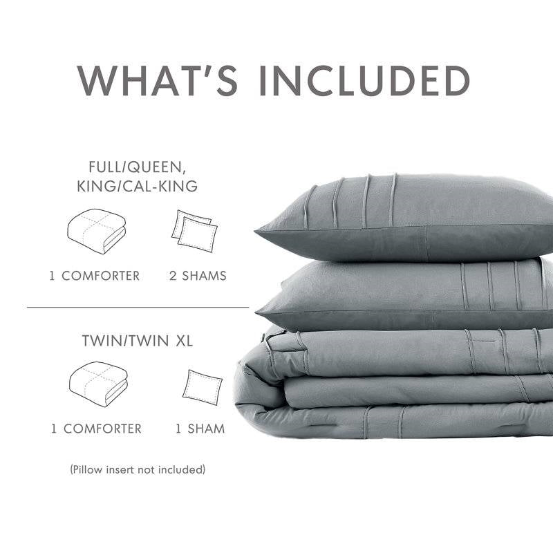 Full/Queen size Pleated Pre-Washed Microfiber Comforter Set in Blue Grey