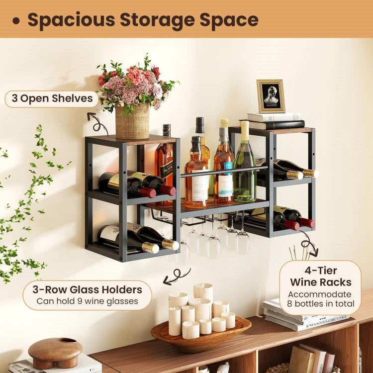Industrial Wood Metal Wall Mounted Wine Rack Shelf with Glass Holders