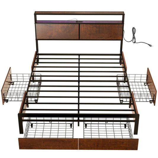 King size Platform Bed with Headboard and Storage Drawers in Brown Wood Finish