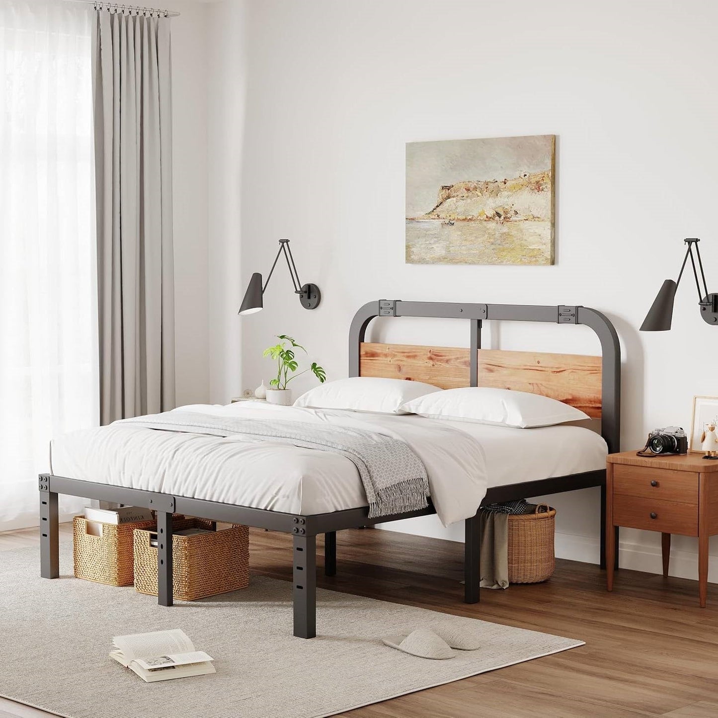 King Heavy Duty Black Metal Bed Frame with Solid Wood Panel Headboard