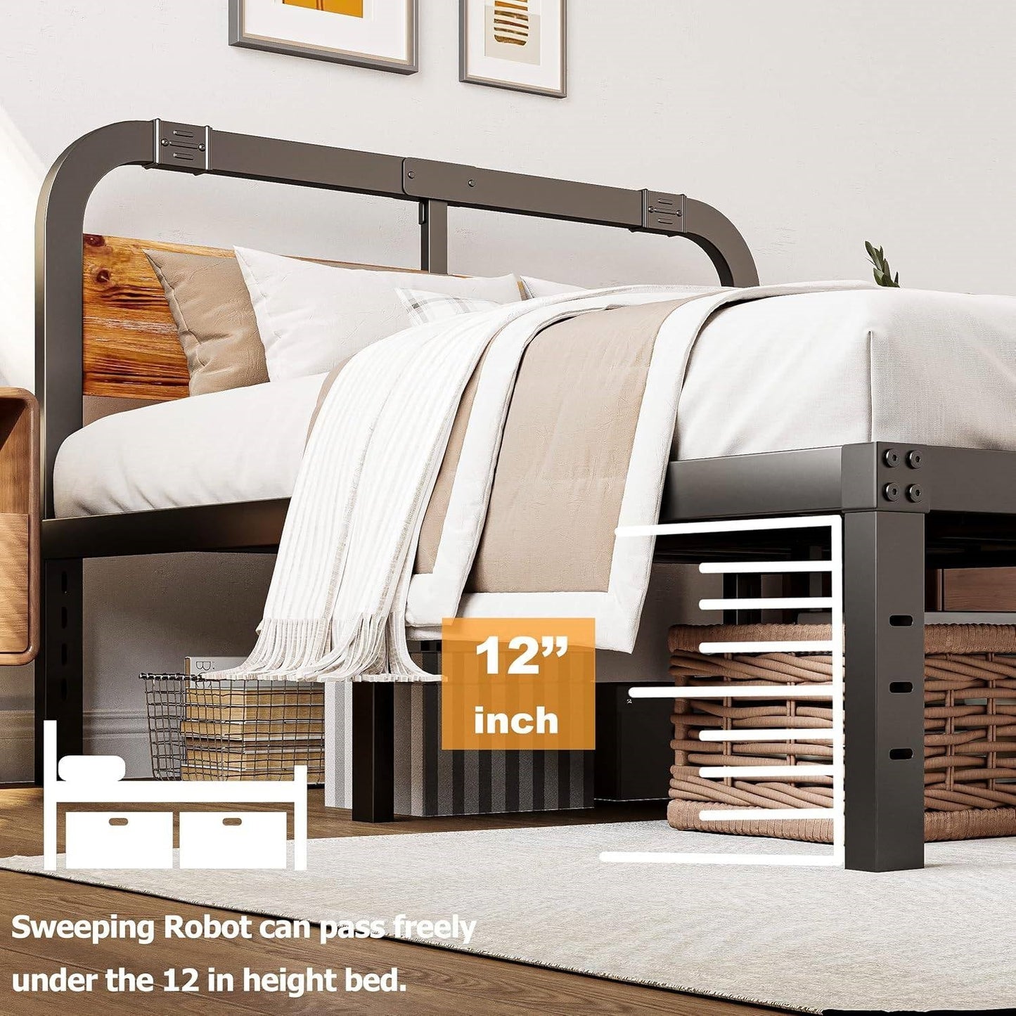 King Heavy Duty Black Metal Bed Frame with Solid Wood Panel Headboard