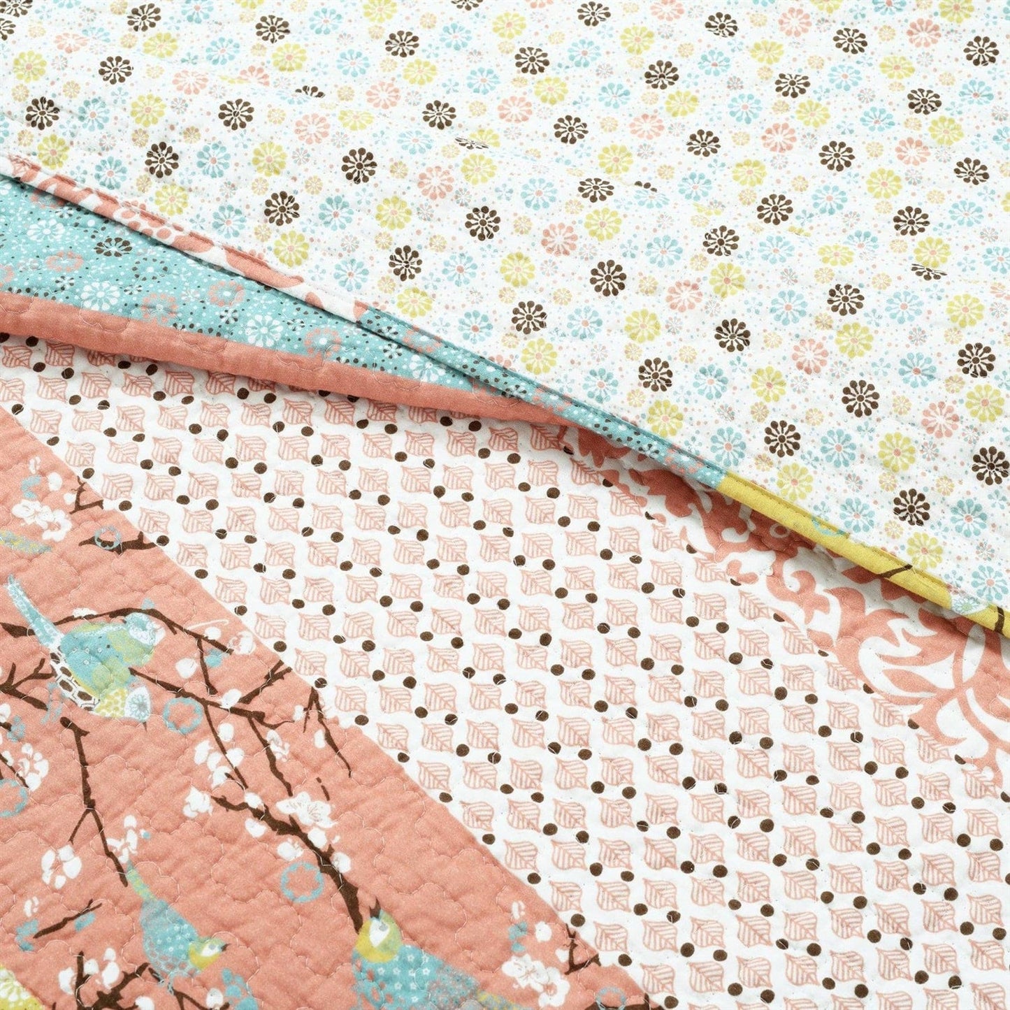King size Blue Yellow Pink Ivory Boho Floral Reversible Lightweight Quilt Set