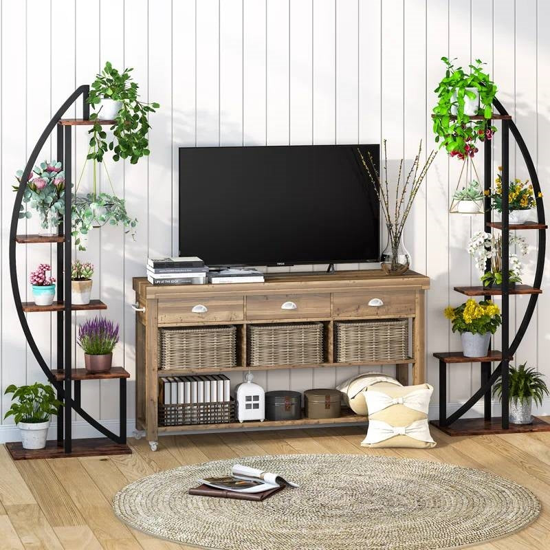 Set of 2 - Symmetrical Modern Metal Wood 10-Shelf Plant Stand