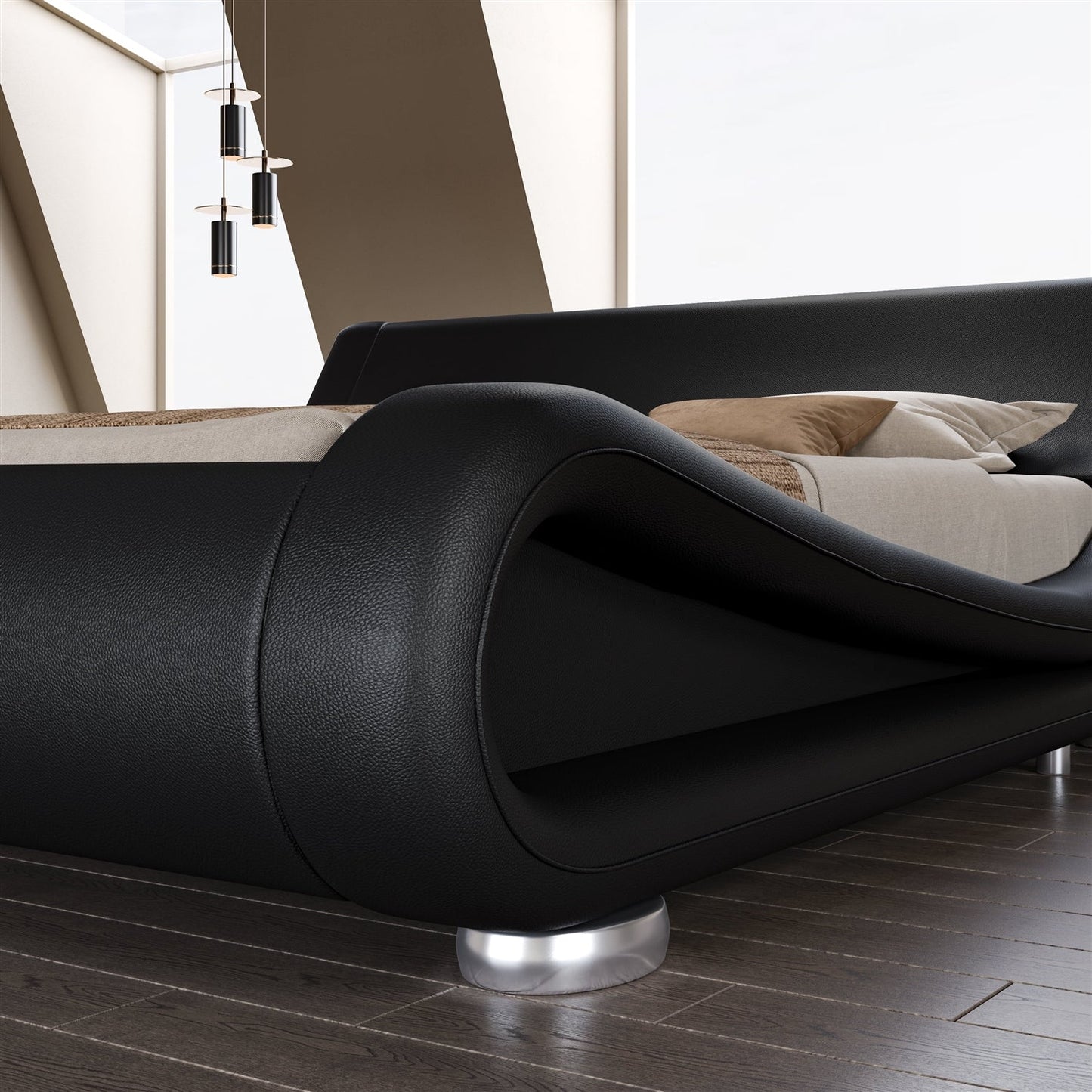 Queen Modern Black Upholstered Platform Bed Frame with Sleigh Curved Headboard