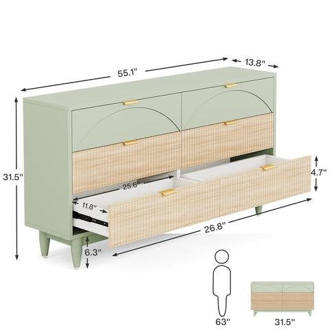 Retro Mid-Century Modern 6 Drawer Dresser Chest of Drawers in Mint Green
