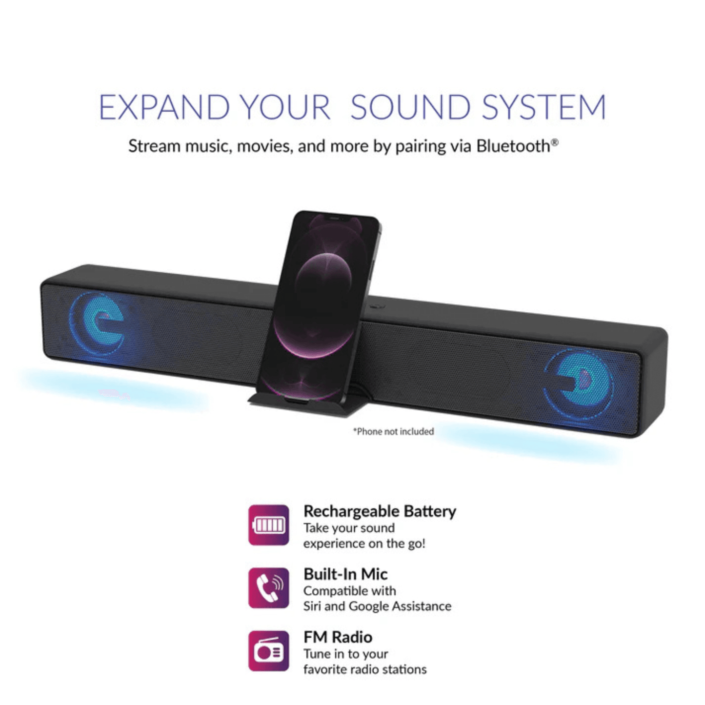 Supersonic 17.6-Inch Portable 10W Bluetooth Soundbar
