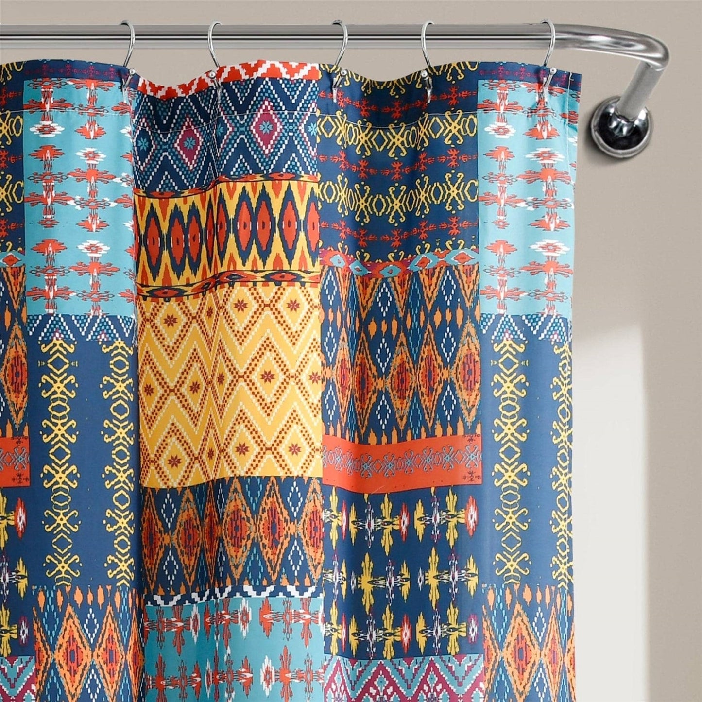 72-inch Navy Blue Orange Yellow Teal Boho Patchwork Polyester Shower Curtain