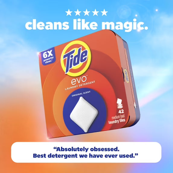 Tide Evo Laundry Detergent Tiles, 100% Concentrated, 6X Cleaning Power, Original Tide Scent, 16 Count