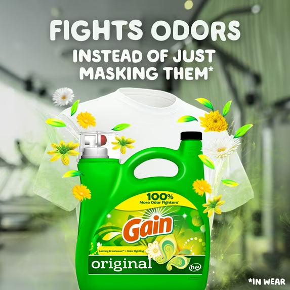 Gain Laundry Detergent Liquid with Odor Fighters, Original Scent, 154 fl oz, 107 Loads