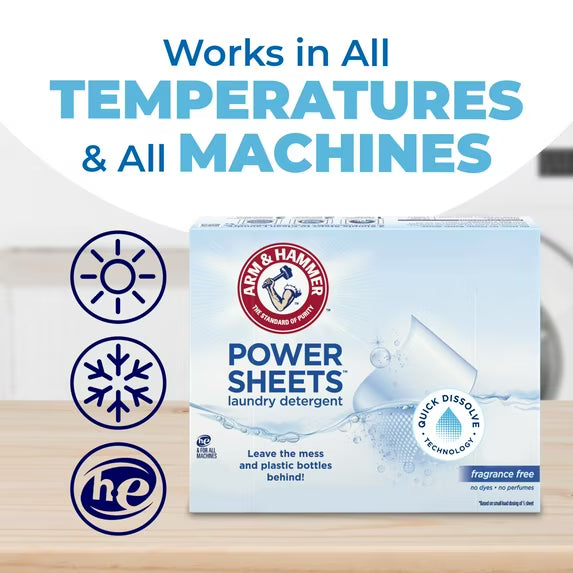 ARM & HAMMER Power Sheets Laundry Detergent, Fragrance Free, 60 Count, Up to 120 Small Loads