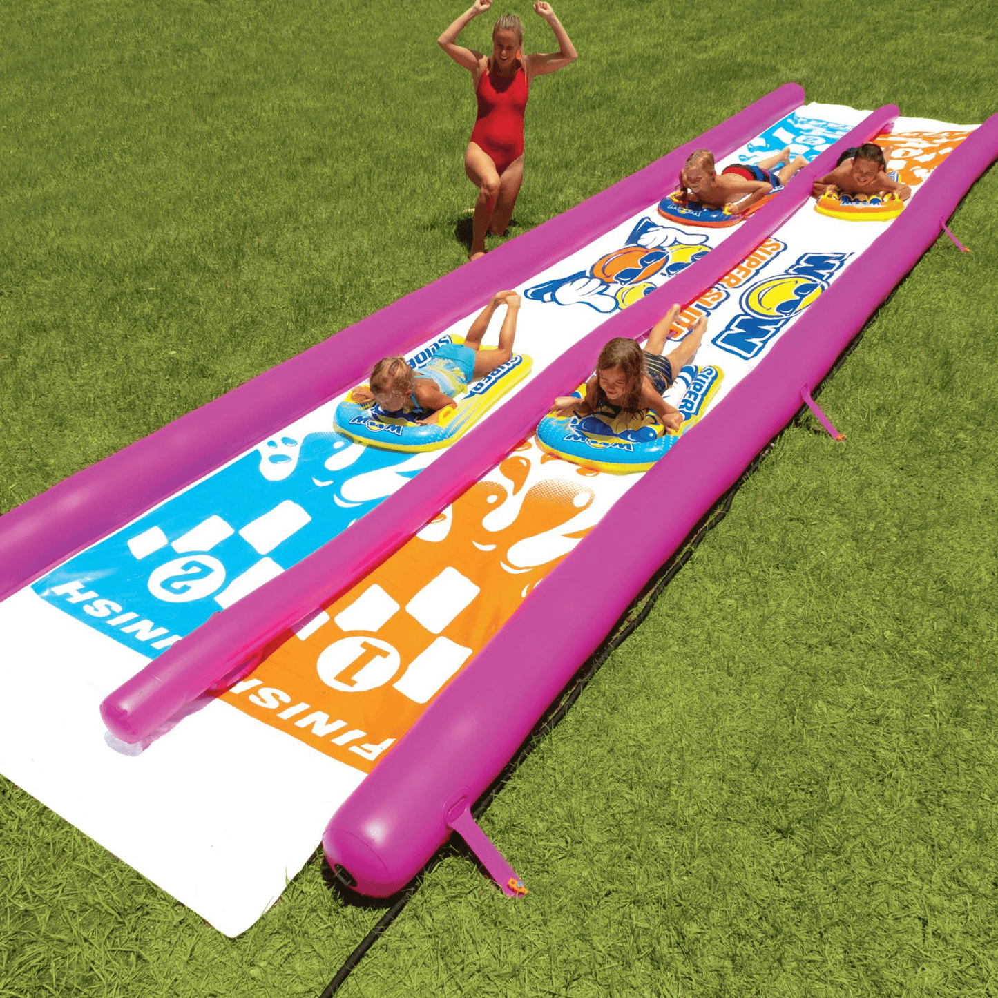 WOW Watersports Giant Backyard Double Lane Lawn Slide, Heavy Duty PVC and 2 Inflatable Sleds