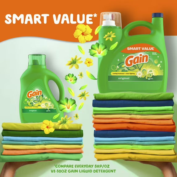 Gain Laundry Detergent Liquid with Odor Fighters, Original Scent, 154 fl oz, 107 Loads