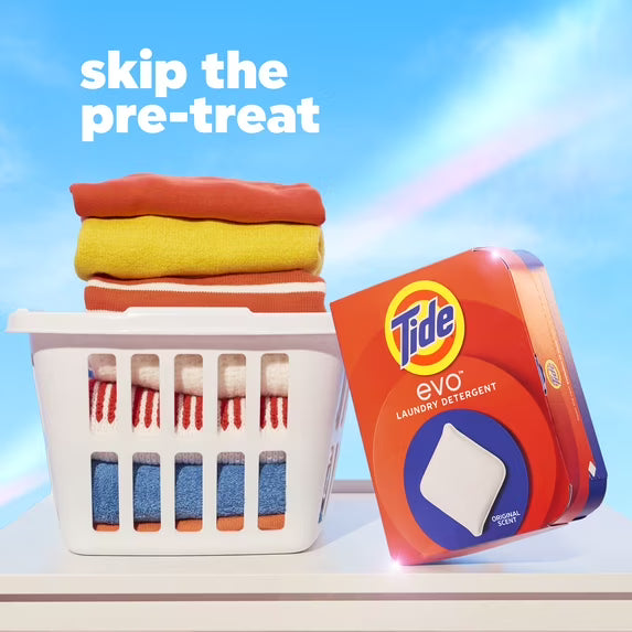 Tide Evo Laundry Detergent Tiles, 100% Concentrated, 6X Cleaning Power, Original Tide Scent, 16 Count