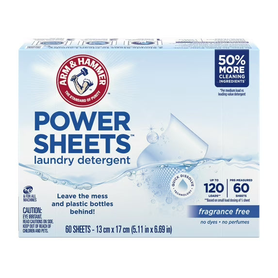 ARM & HAMMER Power Sheets Laundry Detergent, Fragrance Free, 60 Count, Up to 120 Small Loads