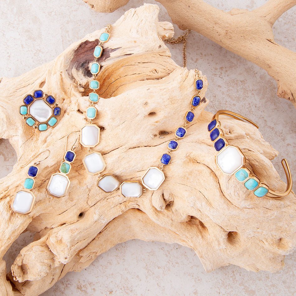 Dual Color Blue Lapis Turquoise and White Mother of Pearl Golden Cuff Bracelet