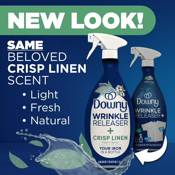 Downy Wrinkle Releaser Spray, Fabric Refreshing and Odor Eliminating, Crisp Linen, Fresh Scent, 33.8 fl oz