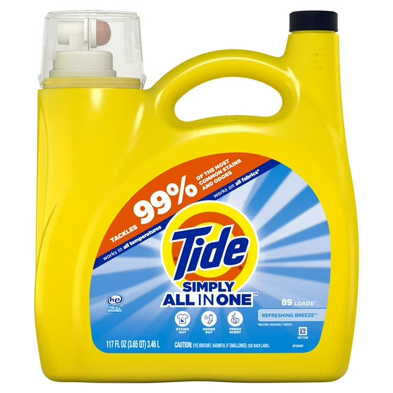 Tide Simply Laundry Detergent Liquid All-In-One, Refreshing Breeze Scent, 117 fl oz, 89 Loads