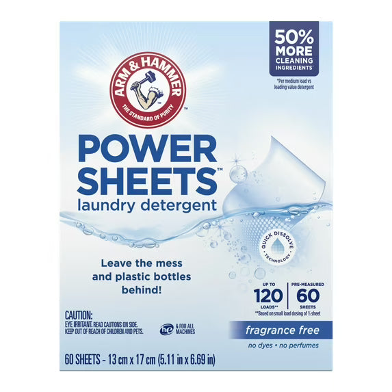 ARM & HAMMER Power Sheets Laundry Detergent, Fragrance Free, 60 Count, Up to 120 Small Loads