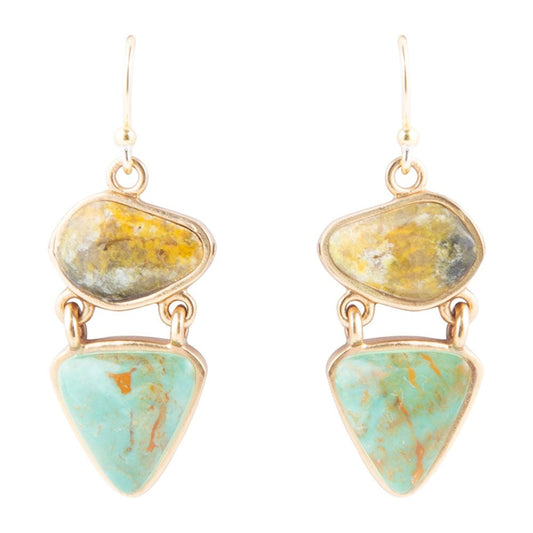 Hinged Yellow Bumblebee Jasper and Green Turquoise Golden Earrings