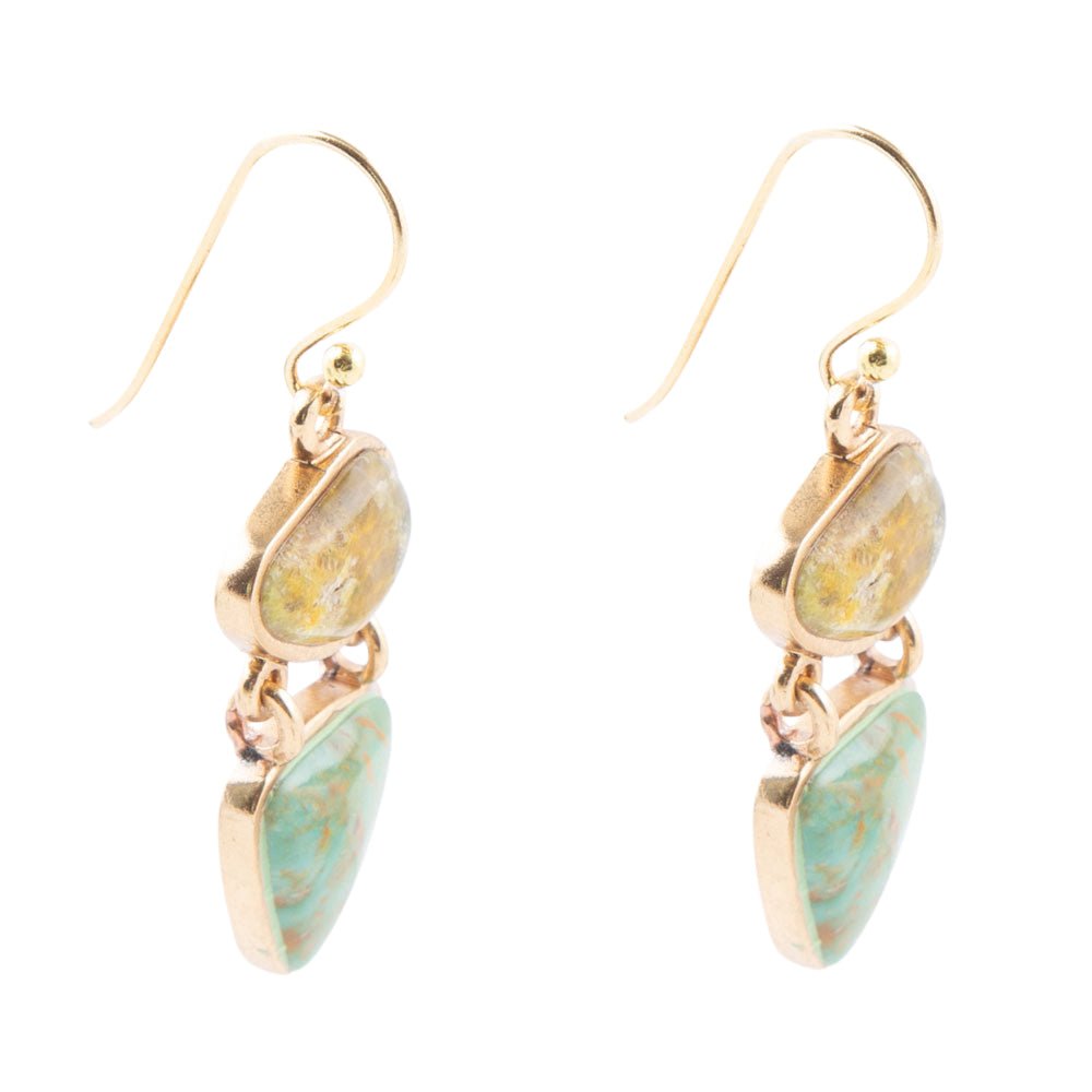 Hinged Yellow Bumblebee Jasper and Green Turquoise Golden Earrings