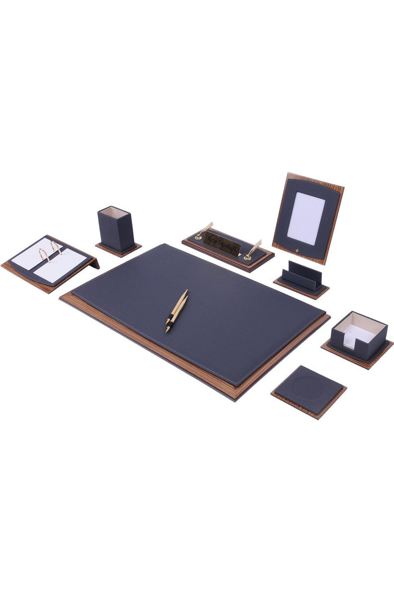 MOOG Star Leather Desk Set -Walnut Wood Combination - Green -10 PCS