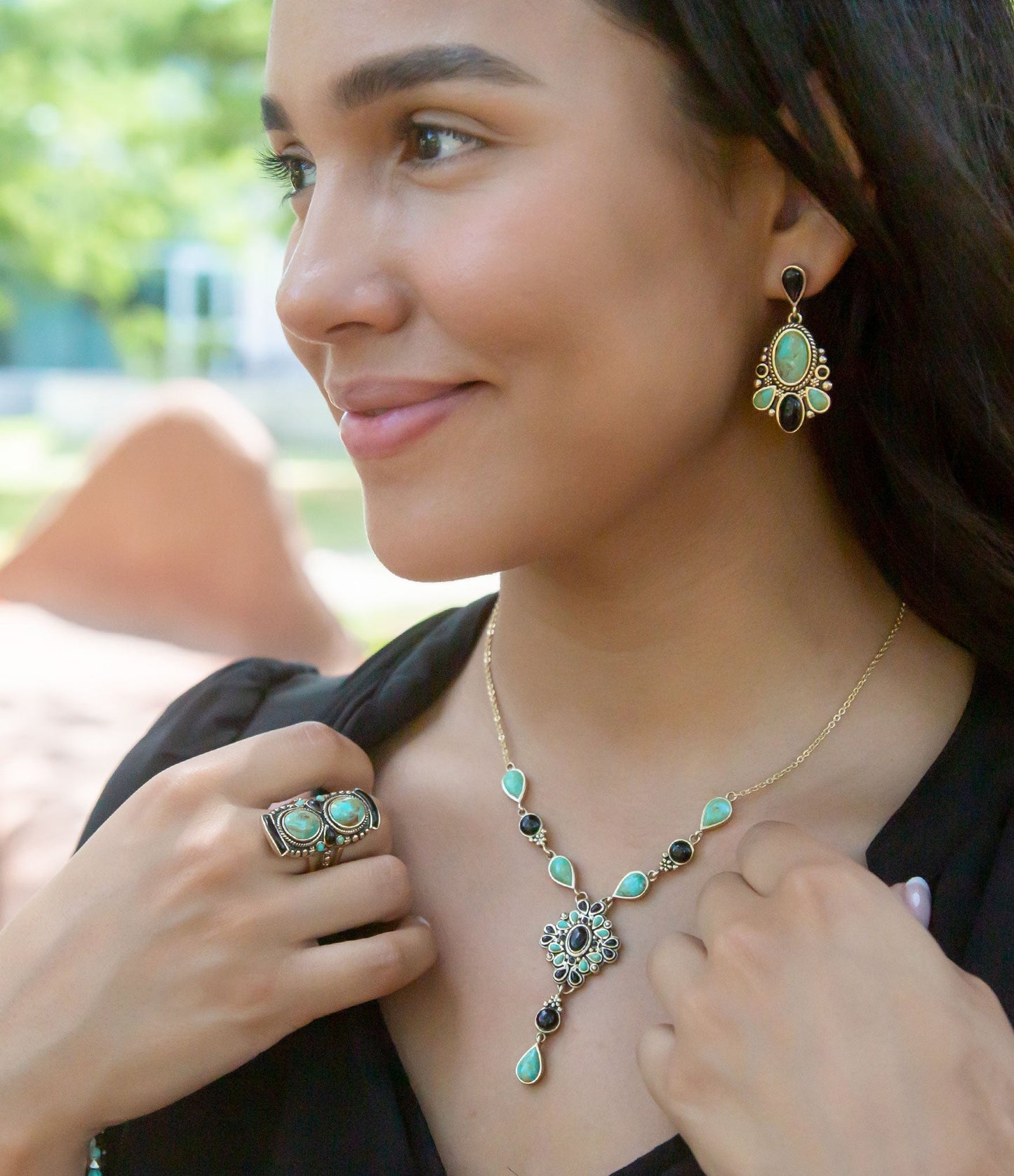 Barcelona Black Onyx and Blue Turquoise Golden Y-Necklace
