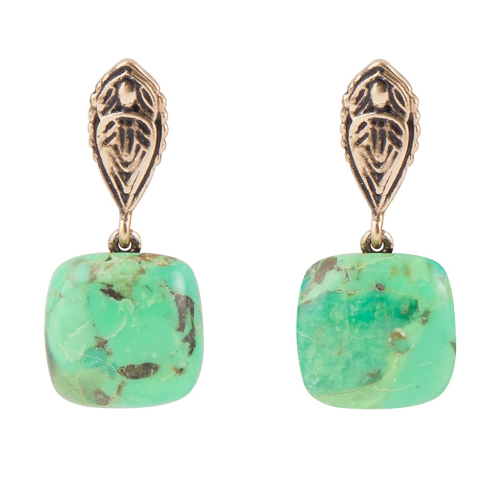 Ornate Lime Green Turquoise Golden Post Top Earrings