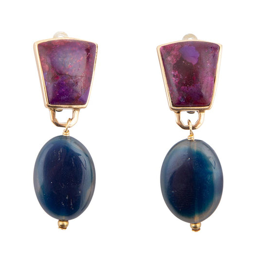 Purple Turquoise Indigo Golden Clip Earrings