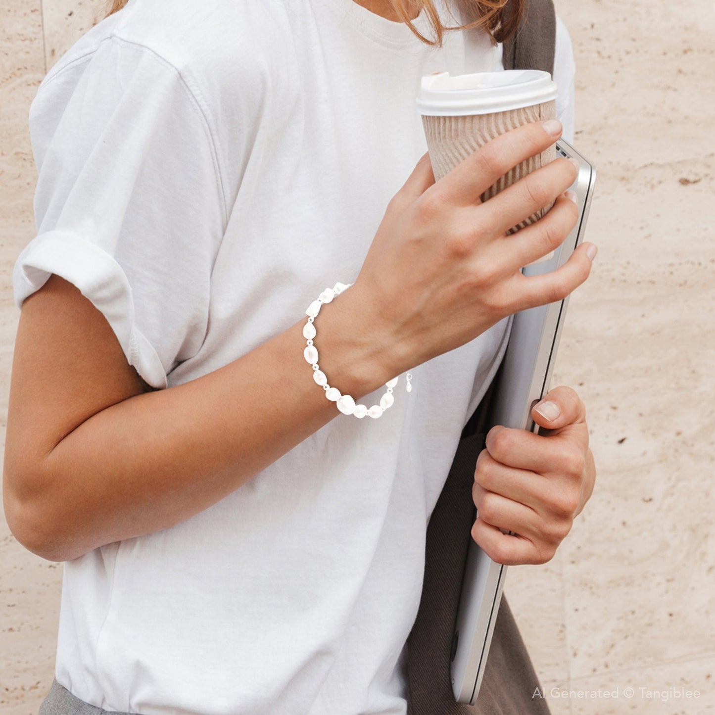 White Pearl Beaded Sterling Silver Bracelet